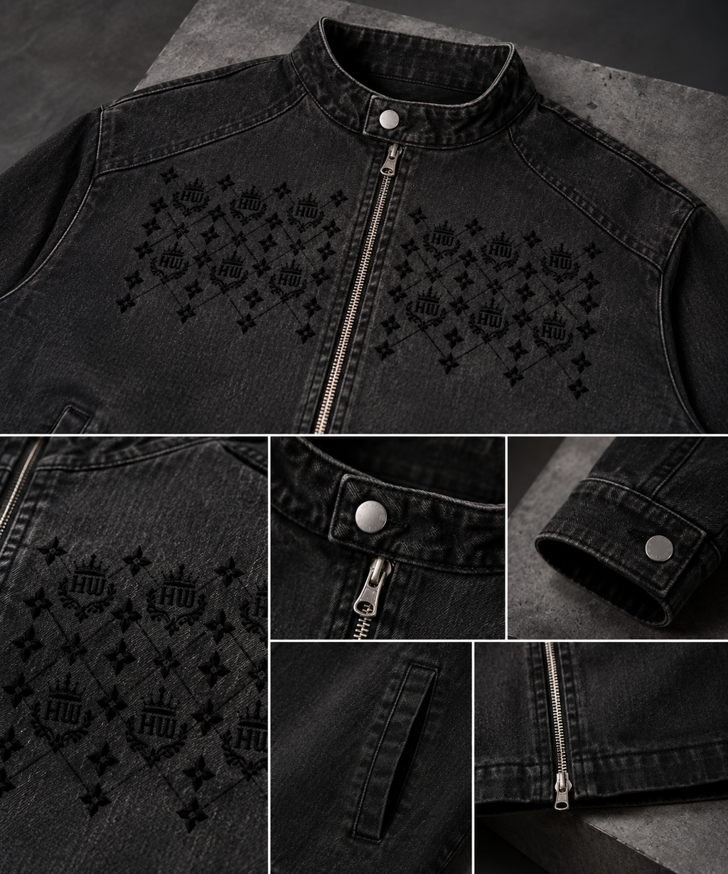 Close-up details of the HLY WTR black denim jacket featuring tonal HW monogram graphics, metal zipper, collar, cuff, and pockets.
