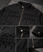Close-up details of the HLY WTR black denim jacket featuring tonal HW monogram graphics, metal zipper, collar, cuff, and pockets.