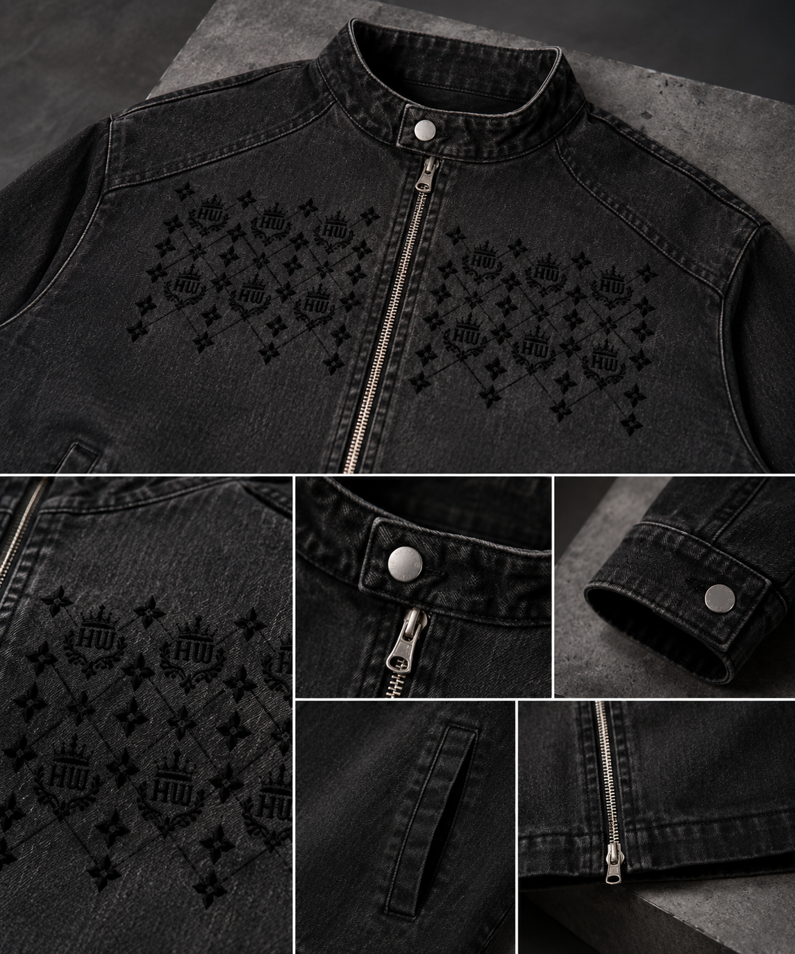 Close-up details of the HLY WTR black denim jacket featuring tonal HW monogram graphics, metal zipper, collar, cuff, and pockets.