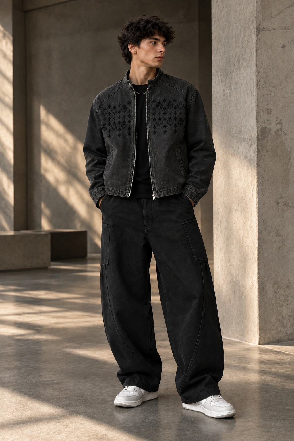 Model wearing the HLY WTR black denim jacket with tonal HW monogram chest design and black wide-leg pants.