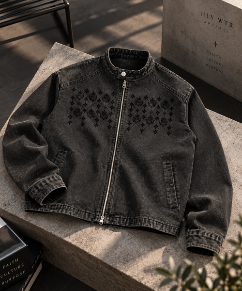 HLY WTR black washed denim jacket featuring tonal HW monogram graphics across the chest and a full front zipper.