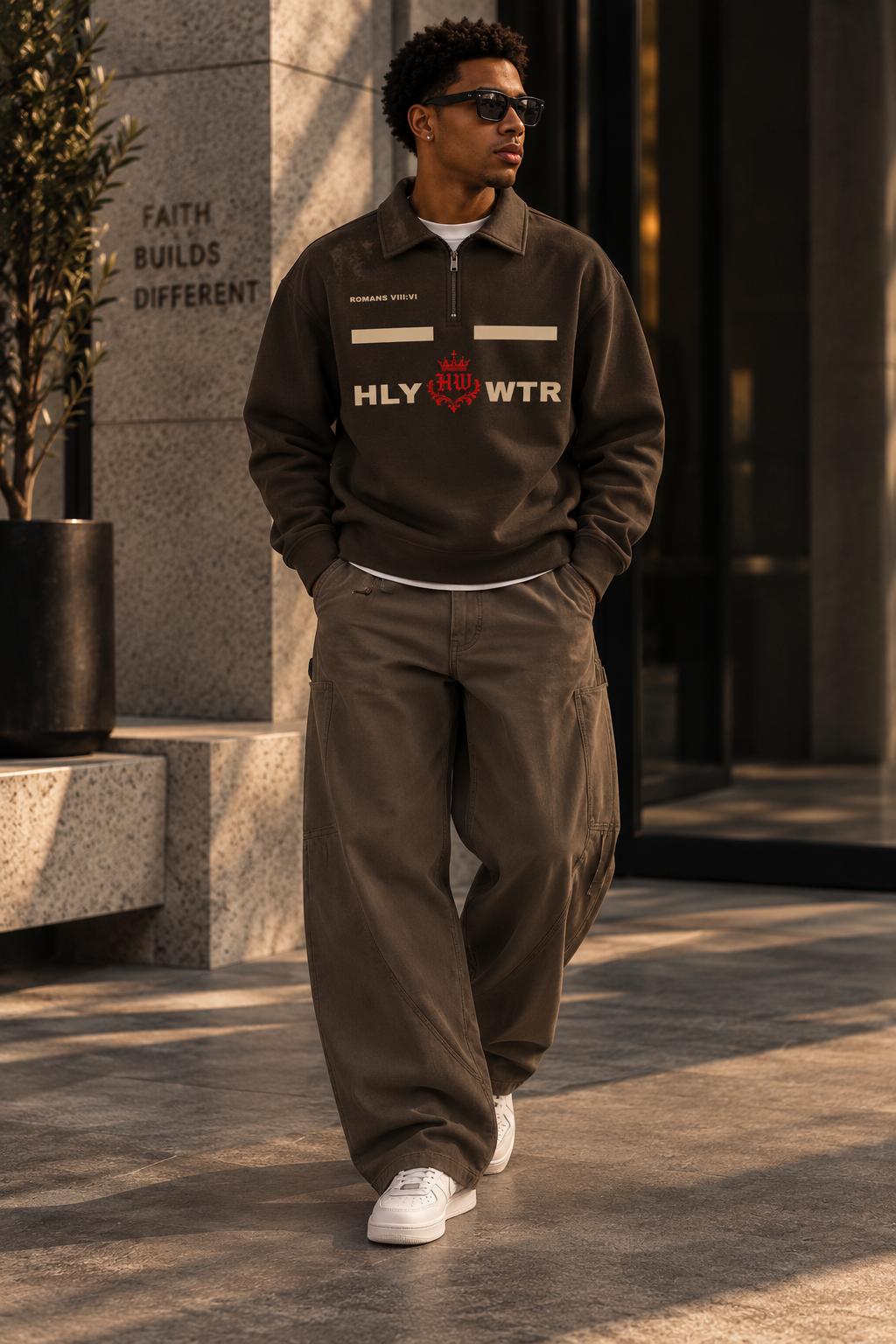 Model wearing a brown HLY WTR quarter-zip with cream lettering, red HW crown crest, and Romans VIII:VI detail.