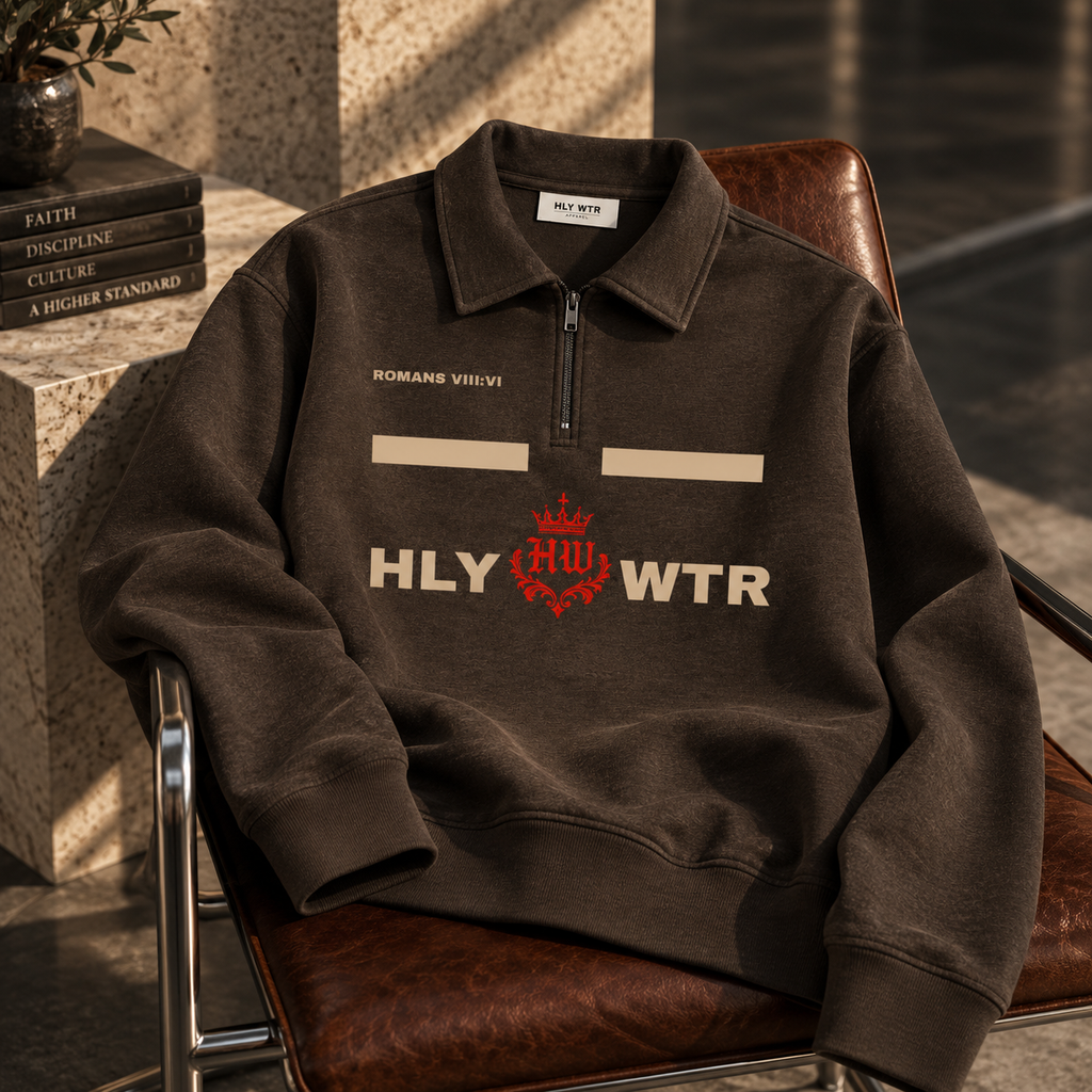 Brown HLY WTR quarter-zip pullover featuring cream HLY WTR lettering, red crown crest, and Romans VIII:VI detail.