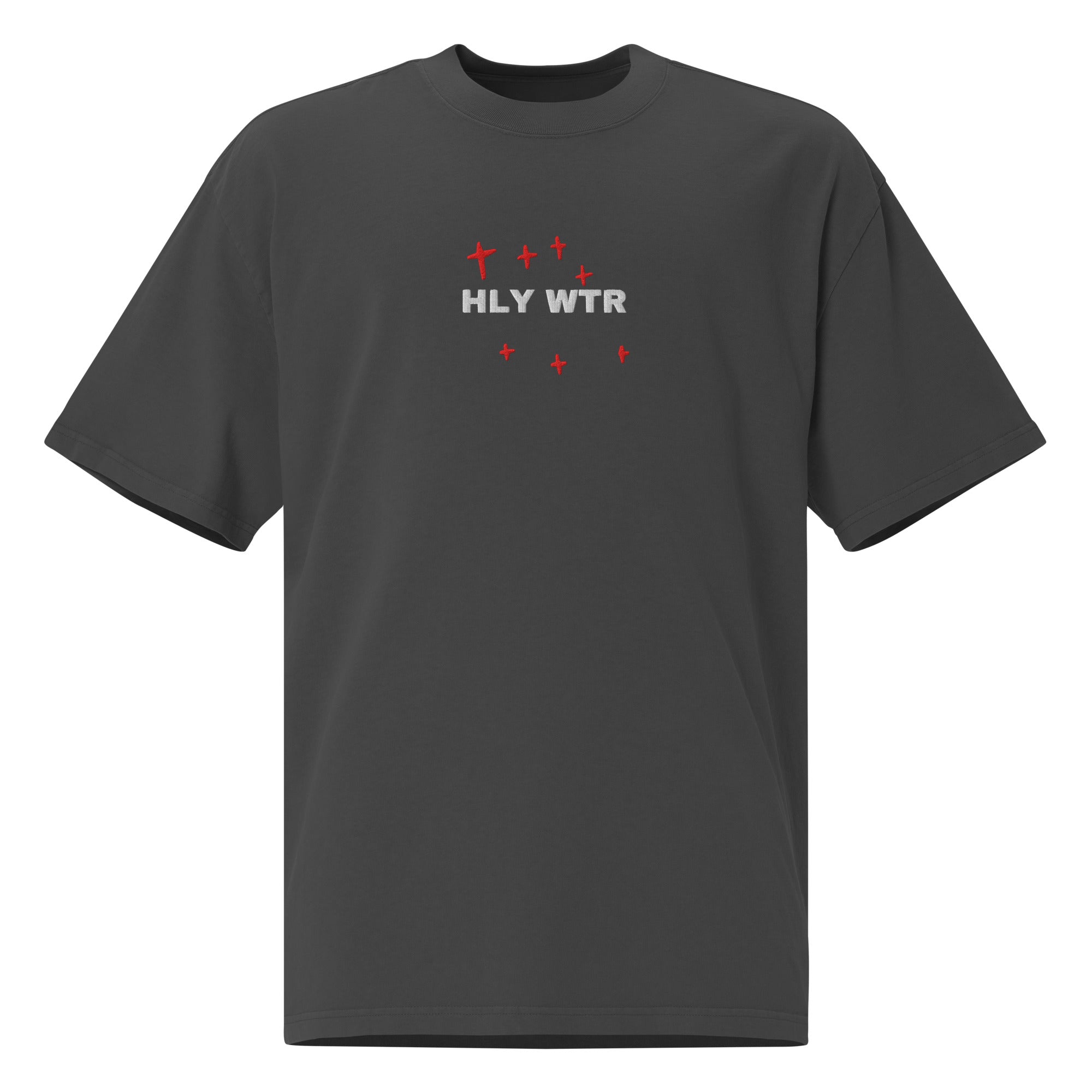 HLY WTR oversized tee front view crimson crosses