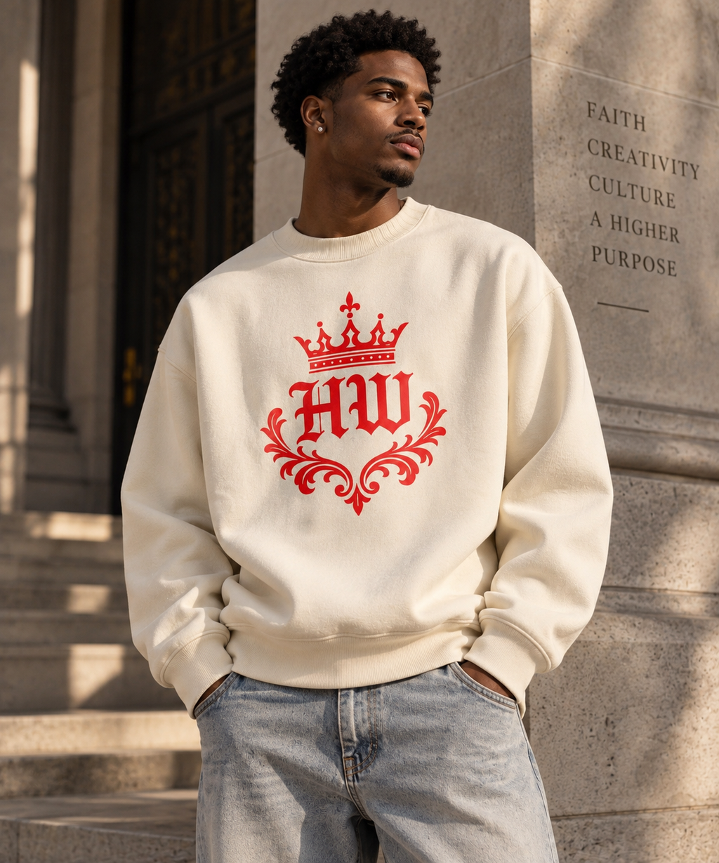 Model wearing a cream HLY WTR crewneck with red crown crest graphic, styled as premium Christian streetwear.
