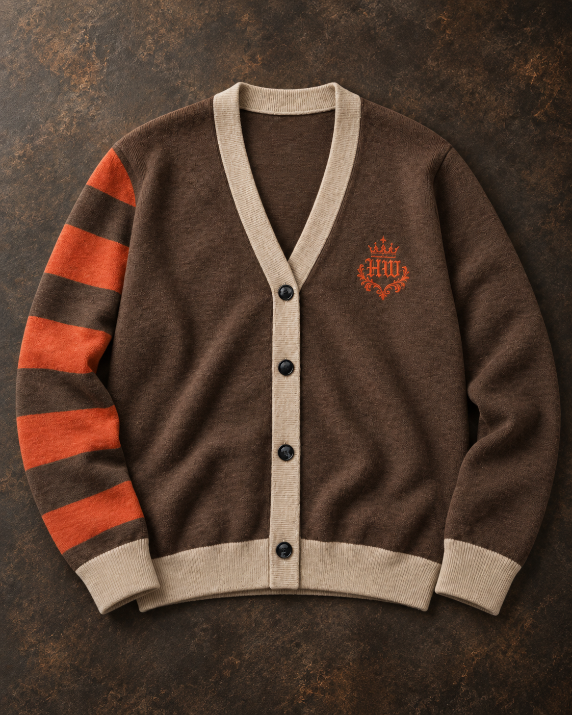 HLY WTR Heritage Carmel Cardigan flat lay in chocolate brown with bone trim, burnt orange stripes and crest logo