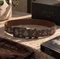 HLY WTR Heritage Crest Leather Belt in brown with repeating HW crest pattern and black buckle