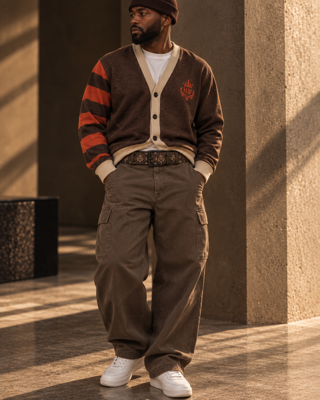 Model wearing HLY WTR Heritage Crest Leather Belt with brown cardigan and relaxed pants