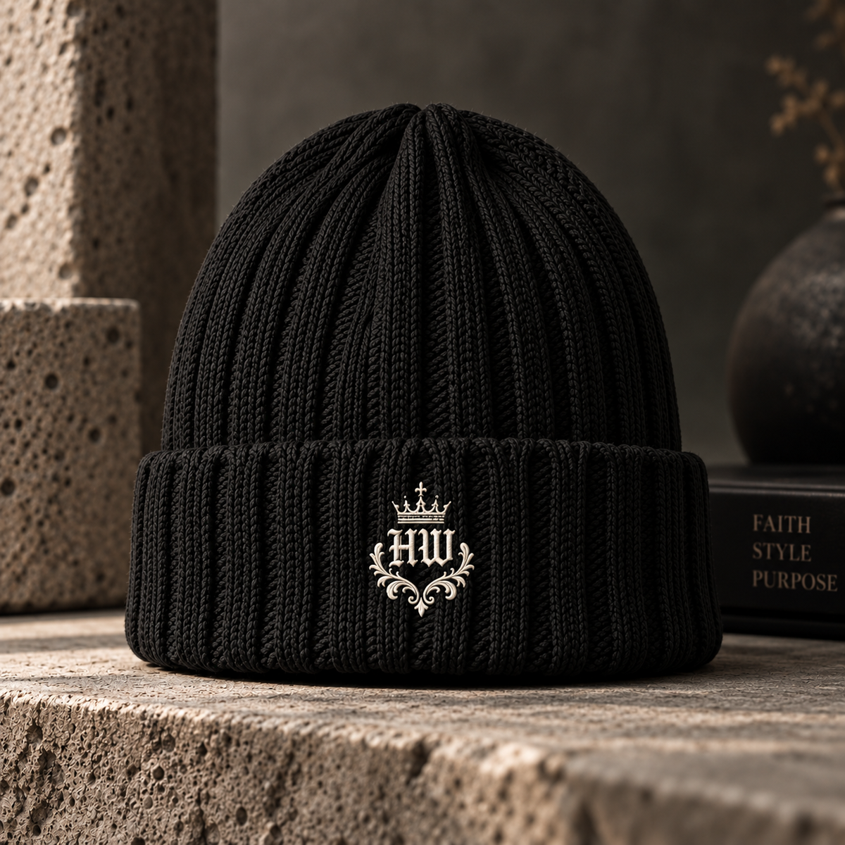 HLY WTR Heritage ribbed beanie in black with off-white embroidered HW crest