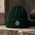 HLY WTR Heritage ribbed beanie in bottle green with off-white embroidered HW crest