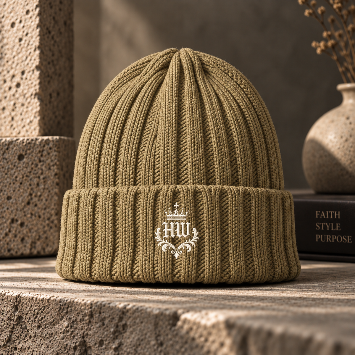 HLY WTR Heritage ribbed beanie in khaki with off-white embroidered HW crest