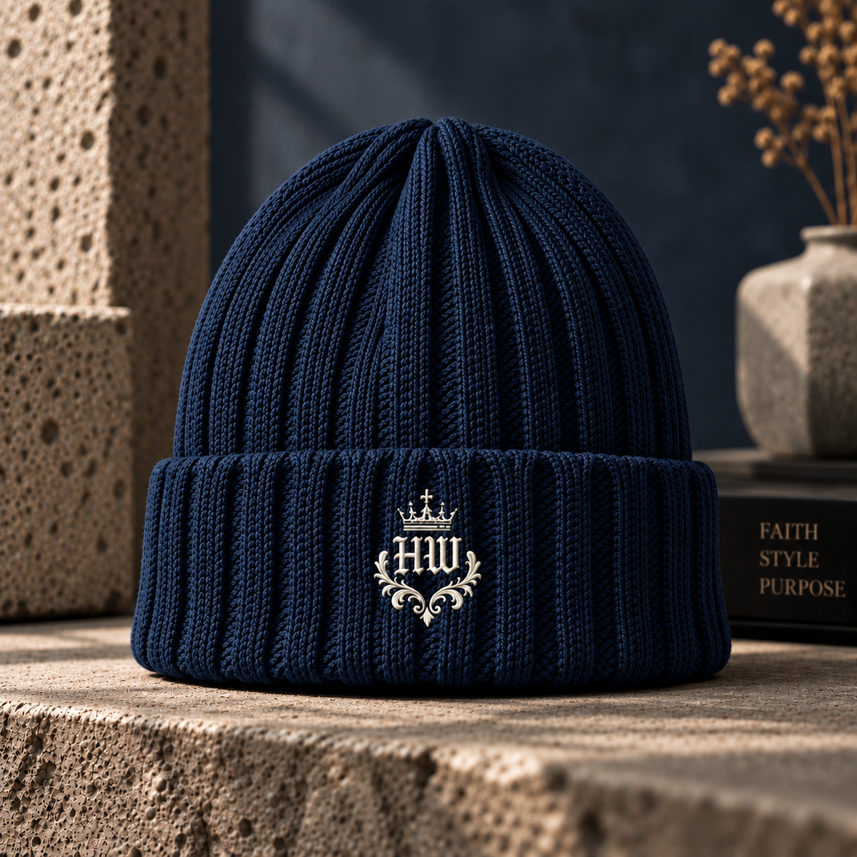 HLY WTR Heritage ribbed beanie in navy with off-white embroidered HW crest