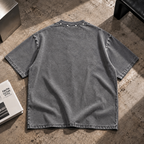 Back view of HLY WTR washed grey oversized T-shirt with studded collar