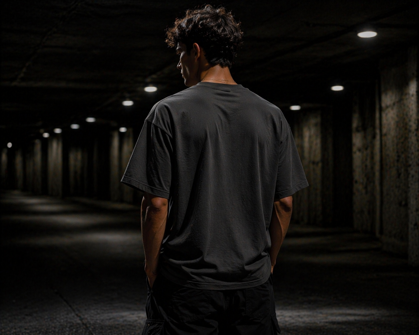 Back view of HLY WTR oversized black tee with plain design in dark urban tunnel