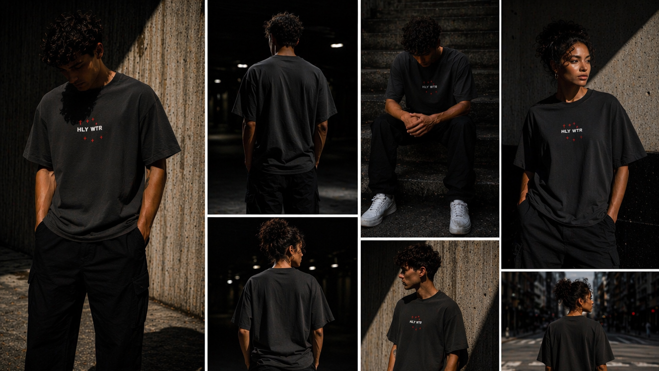  HLY WTR oversized black tee on male and female models in moody urban streetwear lookbook collage